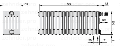 Схема (чертеж) Радиатор Zehnder Charleston 6030/16 №V002 Белый глянцевый RAL 9016